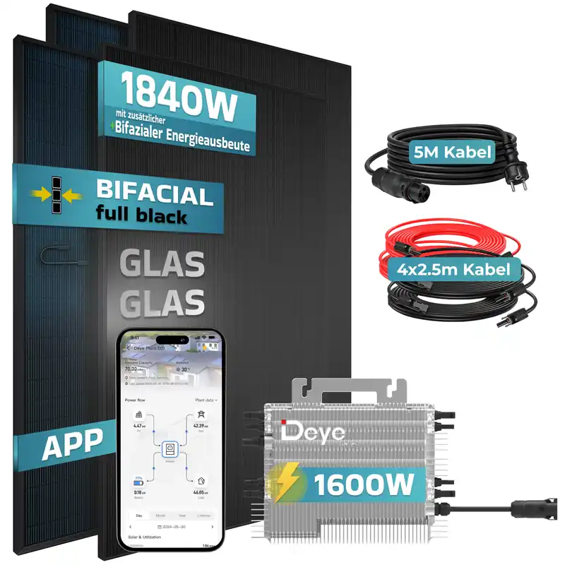 SUNNIVA® 1840W Balkonkraftwerk BIFAZIAL FULLBLACK komplett Steckdose DEYE 1600 Watt Wechselrichter, Solaranlage Komplettset, 4x 460W N-Type Glas-Glas Bifacial Solarmodule, 5m Kabel, 4x 2.5m Solarkabel Sonderaktion