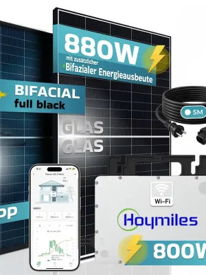 Geprüft SUNNIVA® Balkonkraftwerk BIFAZIAL 880W / 800W Solaranlage mit 800W Hoymiles Micro Wechselrichter Wifi, upgradebar drosselbar, 2x440W Bifaziale Solarmodule, 5m Kabel, Photovoltaikanlage, PV, BIFACIAL