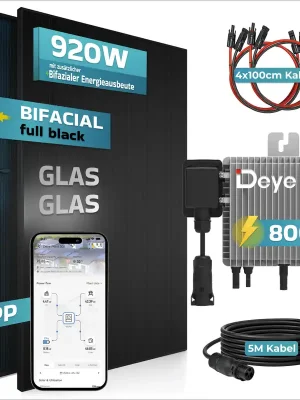 Sofort Bestellen SUNNIVA® 920W Balkonkraftwerk BIFAZIAL FULLBLACK komplett Steckdose DEYE 800W Wechselrichter, PV Solaranlage, 2x 460W Glas-Glas Solarmodule, inkl. 5m Kabel, Bluetooth WIFI, Komplettset