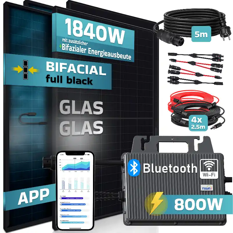 SUNNIVA® 1840W Balkonkraftwerk BIFAZIAL FULLBLACK komplett Steckdose TSUN 800 Watt Wechselrichter, Solaranlage Komplettset, 4x 460W N-Type Glas-Glas Bifacial Solarmodule, 5m Kabel & 4x 2.5m Solarkabel Angebot
