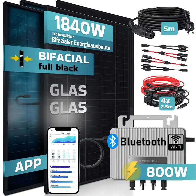 SUNNIVA® 1840W Balkonkraftwerk BIFAZIAL FULLBLACK komplett Steckdose ECOFLOW 800 Watt Wechselrichter, PV Solaranlage Komplettset, 4x 460W N-Type Glas-Glas Bifacial Solarmodule, 5m Kabel & 4x 2.5m Solarkabel Finale Aktion