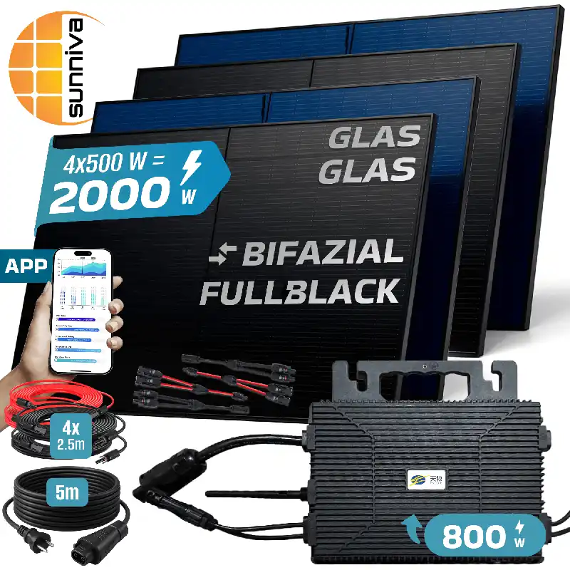SUNNIVA® 2000W Balkonkraftwerk BIFAZIAL FULLBLACK komplett Steckdose ASTRO-E 800 Watt Wechselrichter, PV Solaranlage Komplettset, 4x 500W N-Type Glas-Glas Bifacial Solarmodule, 5m Kabel & 4x 2.5m Solarkabel Highlight
