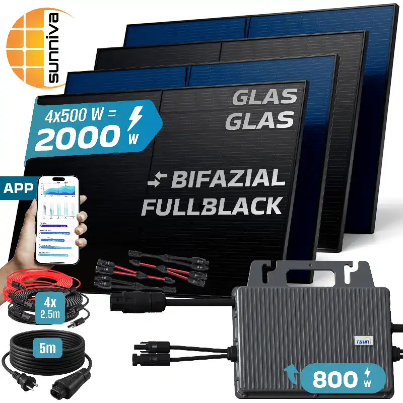 SUNNIVA® 2000W Balkonkraftwerk BIFAZIAL FULLBLACK komplett Steckdose TSUN 800 Watt Wechselrichter, PV Solaranlage Komplettset, 4x 500W N-Type Glas-Glas Bifacial Solarmodule, 5m Kabel & 4x 2.5m Solarkabel Heißes Angebot