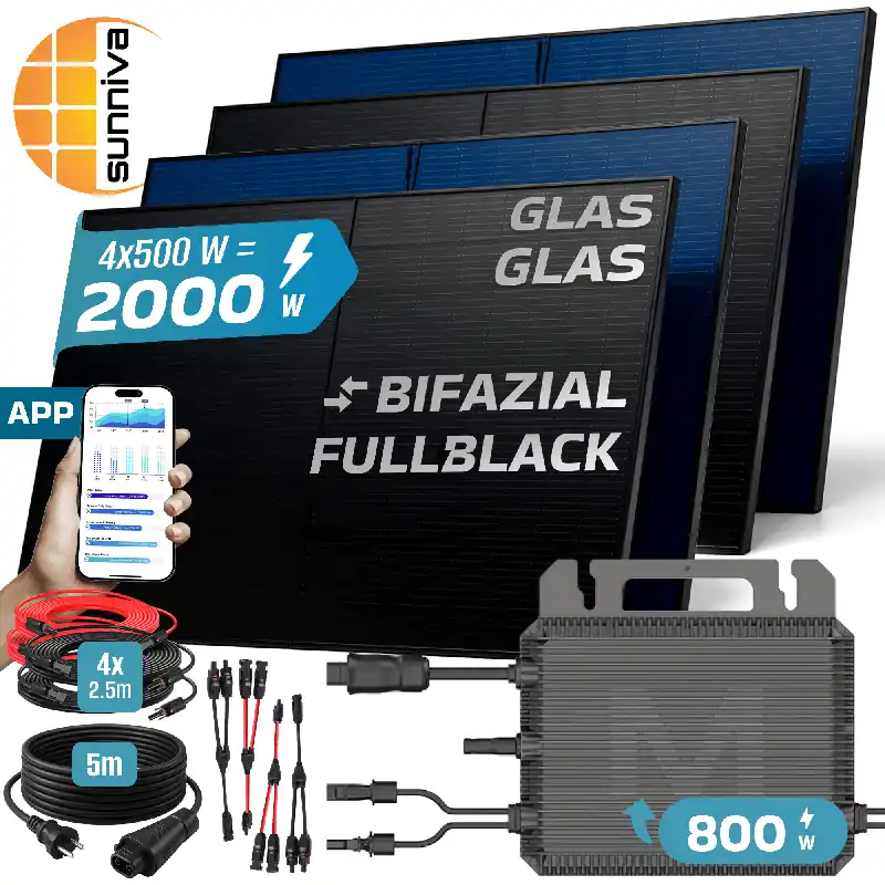 SUNNIVA® 2000W Balkonkraftwerk BIFAZIAL FULLBLACK komplett Steckdose MARSTEK 800 Watt Wechselrichter, PV Solaranlage Komplettset, 4x 500W N-Type Glas-Glas Bifacial Solarmodule, 5m Kabel & 4x 2.5m Solarkabel Echt