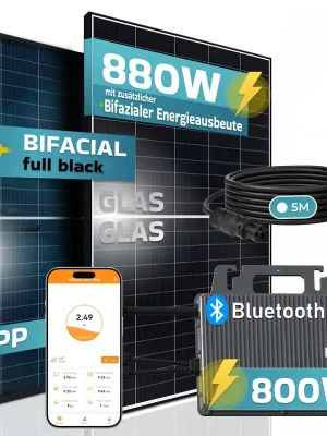 SUNNIVA® 880W Balkonkraftwerk 800W komplett Steckdose - TSUN 800W Wechselrichter - PV Solaranlage Komplettset - 2x 440W BIFAZIAL, BLACK Frame, Single Glas Solarmodule - inkl. 5m Kabel - Bluetooth Begrenztes Angebot