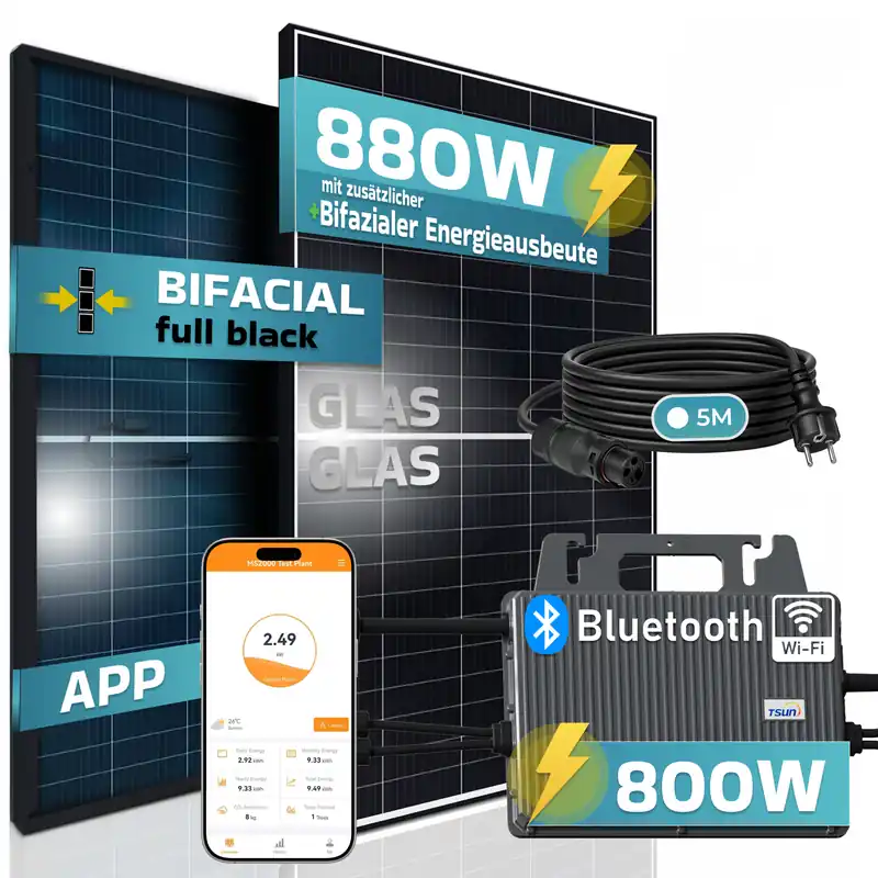 SUNNIVA® 880W Balkonkraftwerk 800W komplett Steckdose - TSUN 800W Wechselrichter - PV Solaranlage Komplettset - 2x 440W BIFAZIAL, BLACK Frame, Single Glas Solarmodule - inkl. 5m Kabel - Bluetooth Begrenztes Angebot