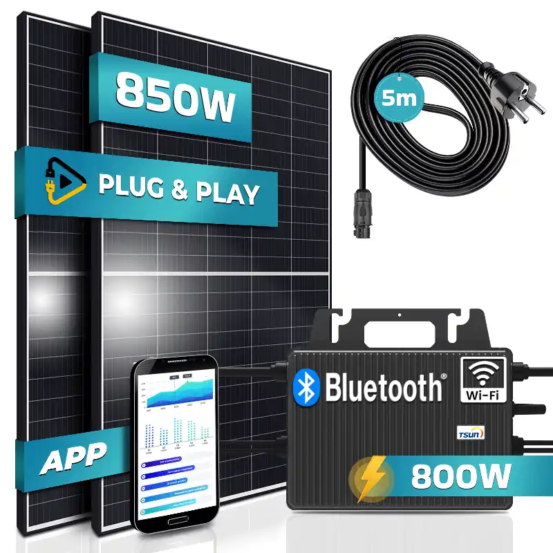 SUNNIVA® 850W Balkonkraftwerk 800W komplett Steckdose - TSUN 800W Wechselrichter - PV Solaranlage Komplettset - 2x 425W Solarmodule - inkl. 5m Kabel - Bluetooth WIFI Sonderangebot