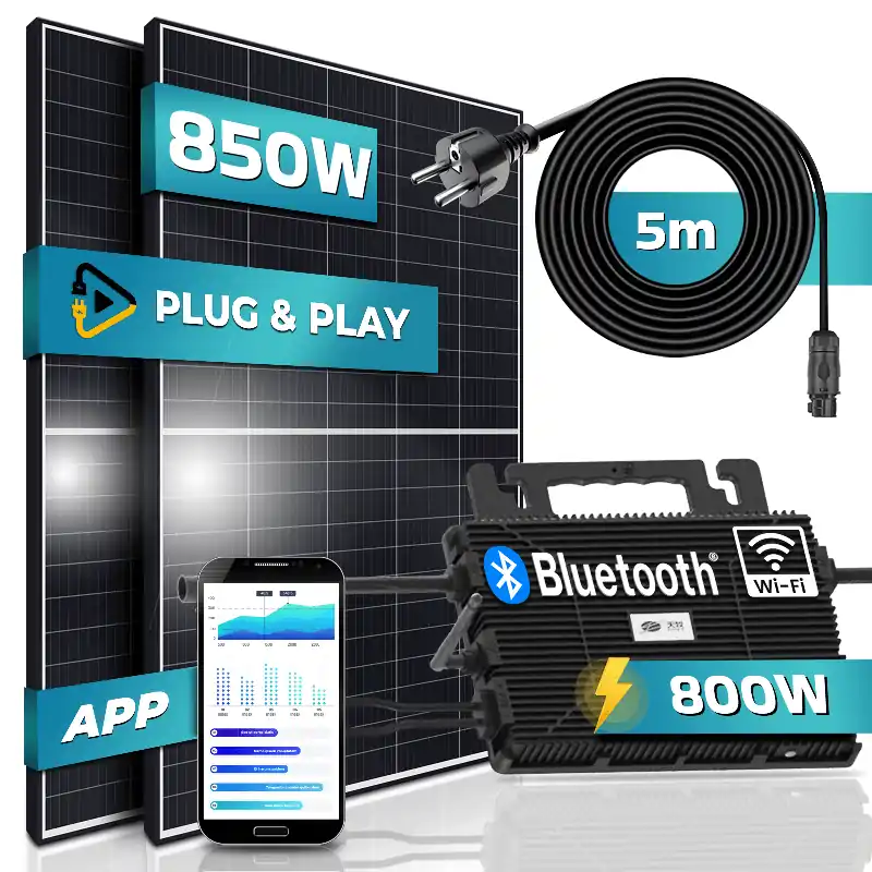 Markenprodukt SUNNIVA® 850W Balkonkraftwerk 800W komplett Steckdose - Astro-Energy 800W Micro Wechselrichter - PV Solaranlage Komplettset - 2x 425W (850W) Solarmodule - inkl. 5m Kabel - Bluetooth, WIFI