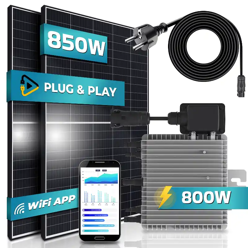 Top-Preis SUNNIVA® Balkonkraftwerk 850/800W Solaranlage, 800W Deye Micro Wechselrichter mit Wifi, upgradebar drosselbar, 2x 425W Solarmodule, 5m Kabel, Solarkabel, Photovoltaikanlage, steckerfertig