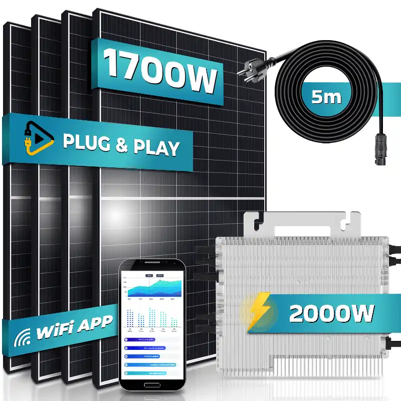 SUNNIVA® Balkonkraftwerk 1700/2000W Solaranlage mit 2000W Deye Micro Wechselrichter mit WIFI, upgradebar drosselbar, 4 x 425W Solarmodule, 5m Anschlusskabel, Solarkabel, Photovoltaikanlage, PV Kostenfreie Lieferung