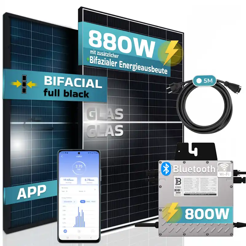 Wochenendangebot SUNNIVA® 880W Balkonkraftwerk 800W komplett Steckdose, Beny 800W Wechselrichter, PV Solaranlage Komplettset, 2x 440W BIFAZIAL, BLACK Frame, Single Glas Solarmodule, inkl.5m Kabel, WIFI
