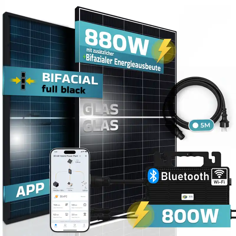 Neue Kollektion SUNNIVA® 880W Balkonkraftwerk 800W komplett Steckdose, Astro Energy 800W Wechselrichter, PV Solaranlage Komplettset, 2x 440W BIFAZIAL, BLACK Frame, Single Glas Solarmodule, inkl. 5m Kabel - Bluetooth