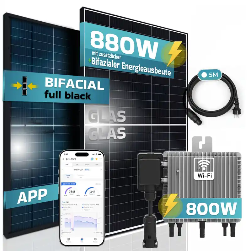 SUNNIVA® Balkonkraftwerk Black Frame BIFACIAL 880/800W Solaranlage mit 800W Deye Micro Wechselrichter Wifi, upgradebar drosselbar, 2x440W Bifaziale Solarmodule, 5m Anschlusskabel, Photovoltaikanlage Markenprodukt
