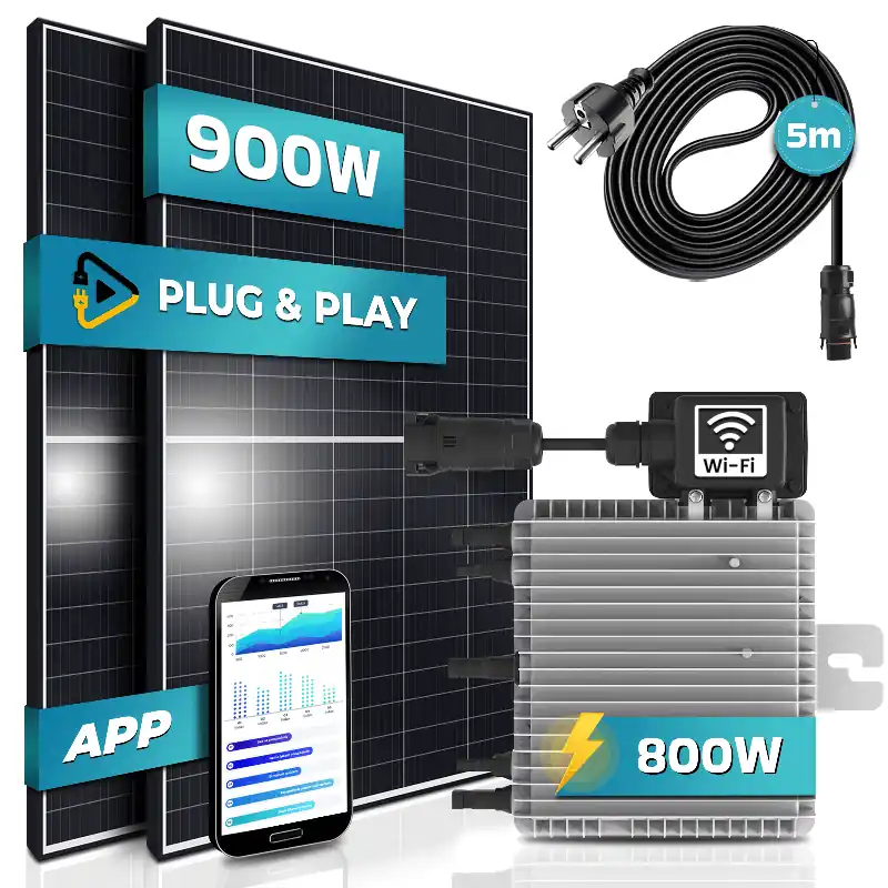 SUNNIVA® Balkonkraftwerk Black Frame 900/800W Solaranlage mit 800W Deye Micro Wechselrichter mit WIFI, upgradebar drosselbar, 2x450W Solarmodule, 5m Anschlusskabel, Solarkabel, Photovoltaikanlage,PV Solange Der Vorrat Reicht