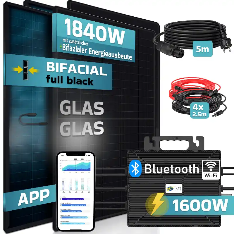 SUNNIVA® 1840W Balkonkraftwerk BIFAZIAL FULLBLACK komplett Steckdose ASTRO-E 1600 Watt Wechselrichter, Solaranlage Komplettset, 4x460W N-Type Glas-Glas Bifacial Solarmodule, 5m Kabel,4x2.5m Solarkabel Direkt Vom Hersteller