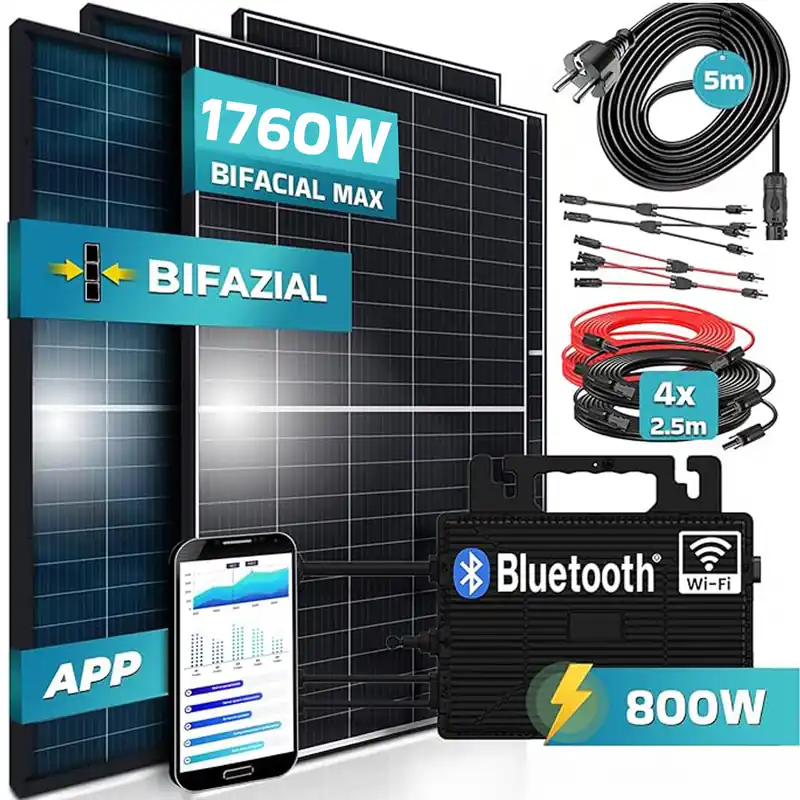 SUNNIVA® 1760W Balkonkraftwerk 800W komplett Steckdose, Astro Energy 800W Wechselrichter, PV Solaranlage Komplettset, 4x 440W BIFAZIAL, BLACK Frame, Single Glas Solarmodule, inkl. 5m Kabel - Bluetooth Sonderangebot