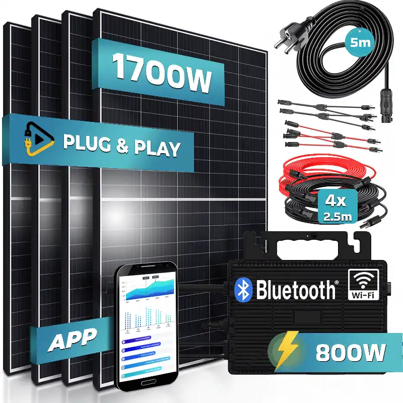 SUNNIVA® 1700W Balkonkraftwerk 800W komplett Steckdose - Astro-Energy 800W Micro Wechselrichter - PV Solaranlage Komplettset, 4x 425W (1700W) Solarmodule, inkl.5m Kabel, Y-Verteiler, Bluetooth, WIFI Markenware