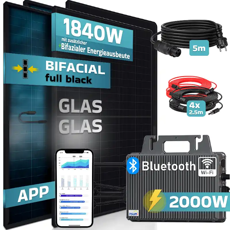 SUNNIVA® 1840W Balkonkraftwerk BIFAZIAL FULLBLACK komplett Steckdose TSUN 2000 Watt Wechselrichter, PV Solaranlage Komplettset, 4x 460W N-Type Glas-Glas Bifacial Solarmodule, 5m Kabel & 4x 2.5m Solarkabel Rabatt