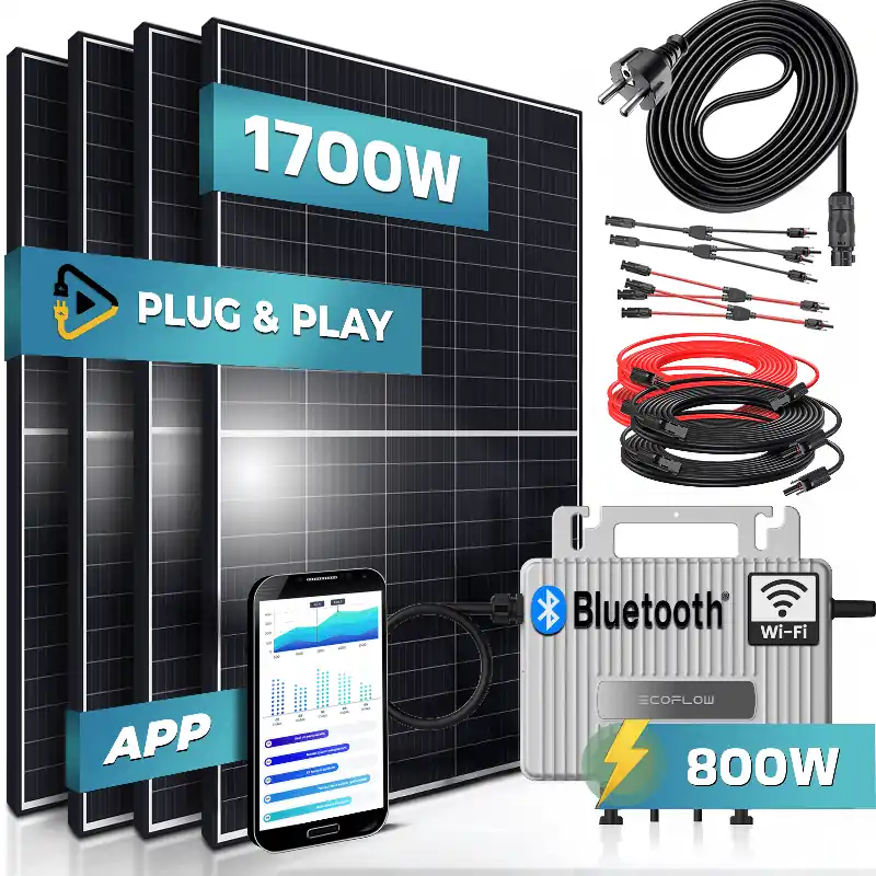 Gratis Versand SUNNIVA® 1700W Balkonkraftwerk 800W komplett Steckdose - Ecoflow S 800W Micro Wechselrichter - PV Solaranlage Komplettset, 4x 425W (1700W) Solarmodule, inkl.5m Kabel, Y-Verteiler, Bluetooth, WIFI