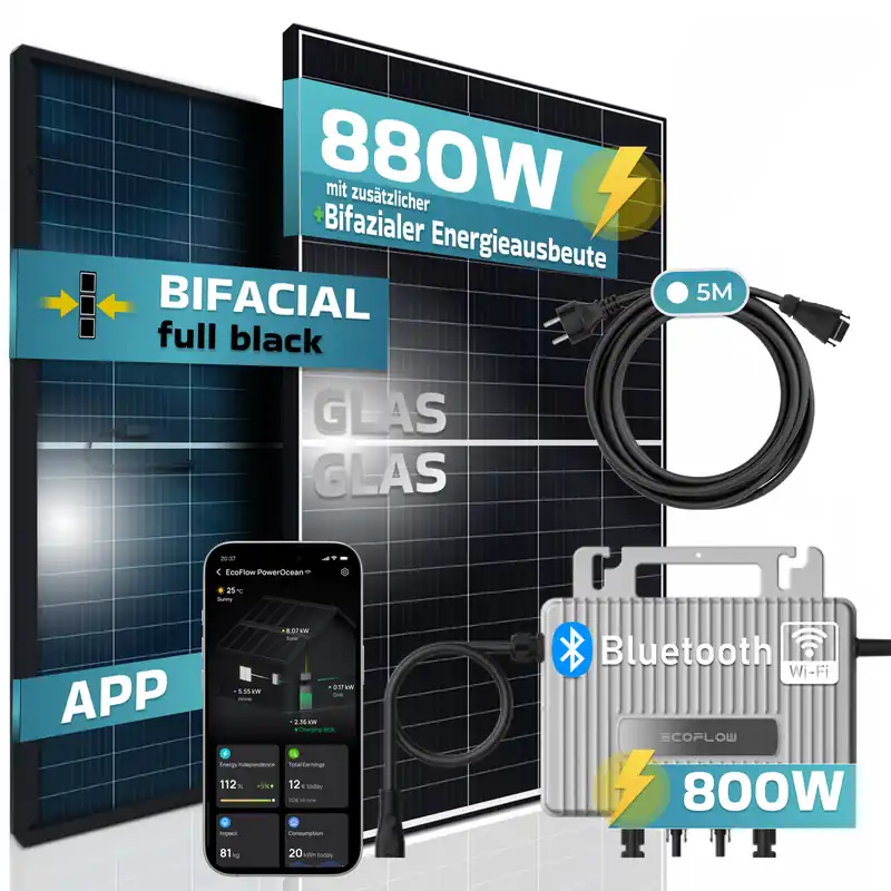 SUNNIVA® 880W Balkonkraftwerk 800W komplett Steckdose - Eco Flow 800W Wechselrichter - PV Solaranlage Komplettset - 2x 440W BIFAZIAL, BLACK Frame, Single Glas Solarmodule - inkl. 5m Kabel - Bluetooth Neu
