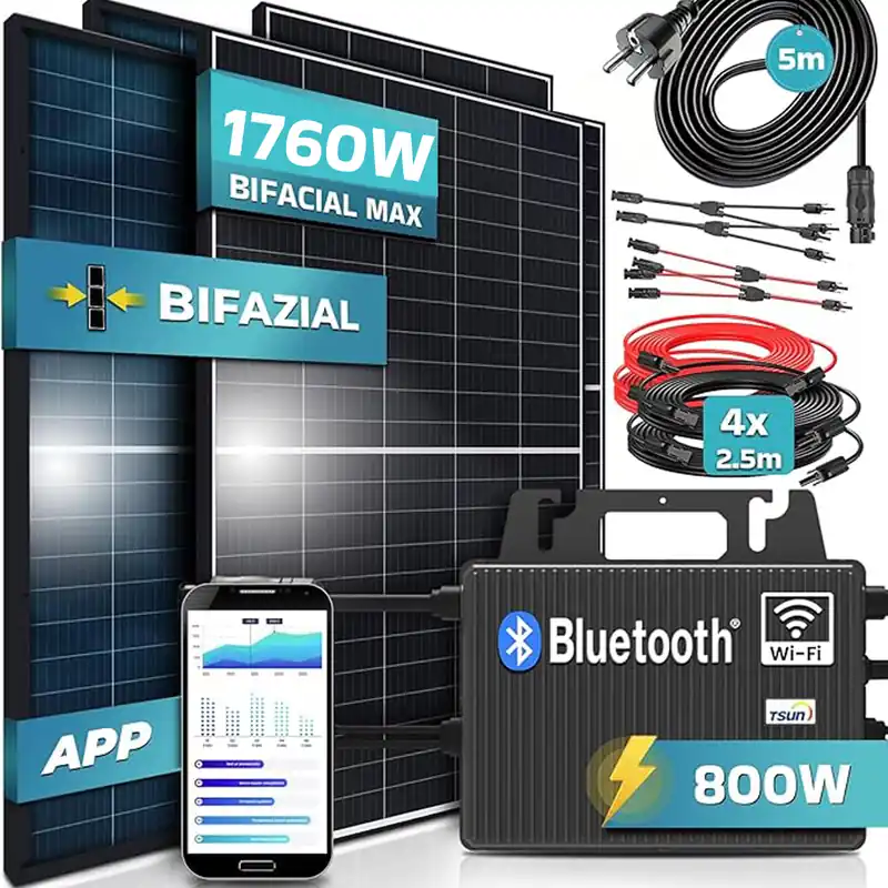 Billig SUNNIVA® 1760W Balkonkraftwerk 800W komplett Steckdose, Ecoflow 800W Wechselrichter, PV Solaranlage Komplettset, 4x 440W BIFAZIAL, BLACK Frame, Single Glas Solarmodule, inkl. 5m Kabel