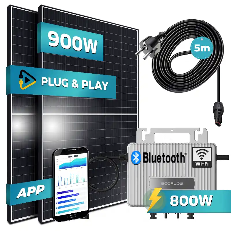 Neue Kollektion SUNNIVA® 900W Balkonkraftwerk 800W komplett Steckdose - Ecoflow Stream 800W Wechselrichter - PV Solaranlage Komplettset - 2x 450W (900W) Solarmodule - inkl. 5m Kabel - Bluetooth, WIFI