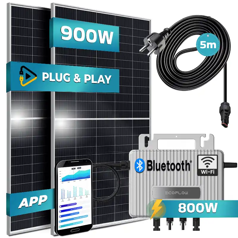 SUNNIVA® 900W Balkonkraftwerk 800W komplett Steckdose - Ecoflow Stream 800W Wechselrichter - PV Solaranlage Komplettset - 2x 450W (900W) Solarmodule - inkl. 5m Kabel - Bluetooth, WIFI Letzte Chance