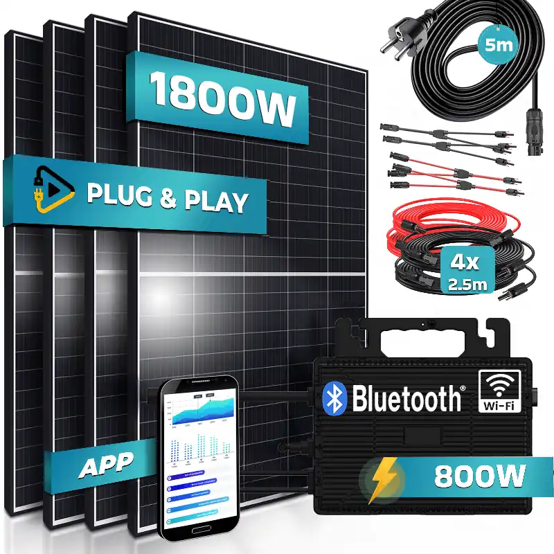 Kracherpreis SUNNIVA® 1800W Balkonkraftwerk 800W komplett Steckdose - Astro Energy 800W Wechselrichter - PV Solaranlage Komplettset - 4x 450W (1800W) Solarmodule - inkl. 5m Kabel - Bluetooth, WIFI