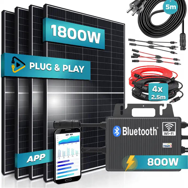 Jetzt Kaufen SUNNIVA® 1800W Balkonkraftwerk 800W komplett Steckdose - TSUN 800W Wechselrichter - PV Solaranlage Komplettset - 4x 450W (1800W) Solarmodule - inkl. 5m Kabel - Bluetooth, WIFI