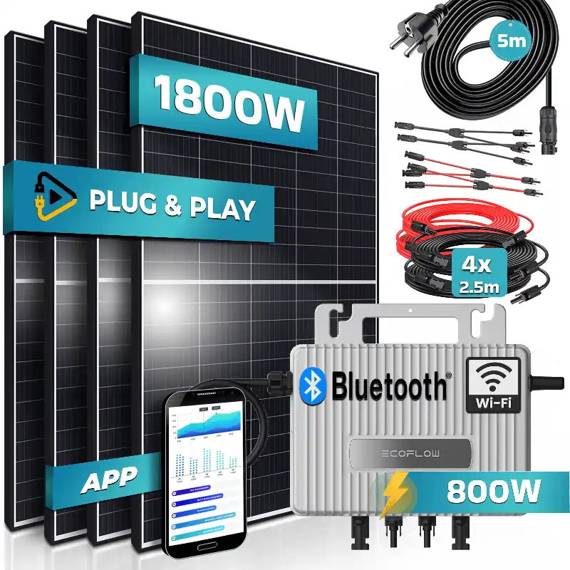 SUNNIVA® 1800W Balkonkraftwerk 800W komplett Steckdose - Ecoflow Stream 800W Wechselrichter - PV Solaranlage Komplettset - 4x 450W (1800W) Solarmodule - inkl. 5m Kabel - Bluetooth, WIFI Highlight