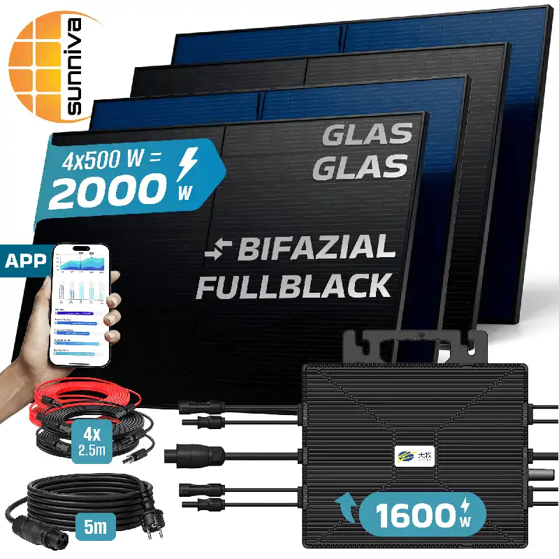SUNNIVA® 2000W Balkonkraftwerk BIFAZIAL FULLBLACK komplett Steckdose ASTRO-E 1600 Watt Wechselrichter, PV Solaranlage Komplettset, 4x 500W N-Type Glas-Glas Bifacial Solarmodule, 5m Kabel & 4x 2.5m Solarkabel Meistverkauft