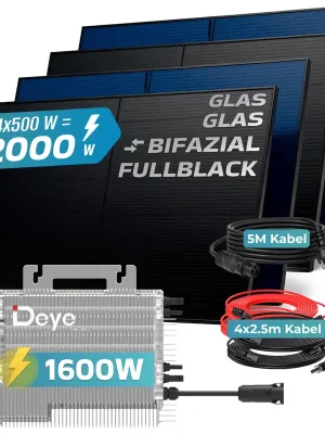 Abverkauf SUNNIVA® Balkonkraftwerk Black BIFACIAL Glas Set 2000/1600W mit DEYE Wechselrichter