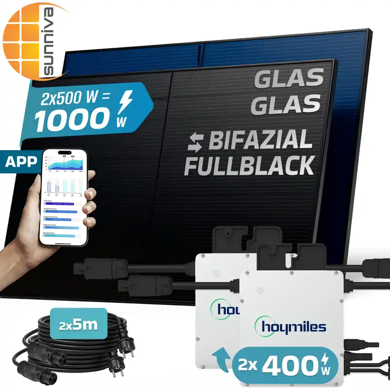 Jetzt Bestellen SUNNIVA® 1000W Balkonkraftwerk BIFAZIAL FULLBLACK komplett Steckdose HOYMILES 2x 400 Watt Wechselrichter, PV Solaranlage Komplettset, 2x 500W N-Type Glas-Glas Bifacial Solarmodule, 2x 5m Kabel