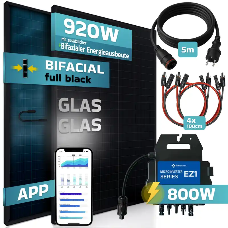 Top-Angebot SUNNIVA® 920W Balkonkraftwerk BIFAZIAL FULLBLACK komplett Steckdose AP Systems EZ1-M 800 Watt Wechselrichter, PV Solaranlage Komplettset,2x460W Glas-Glas Bifacial Solarmodule, 5m Kabel,4x1m Solarkabel