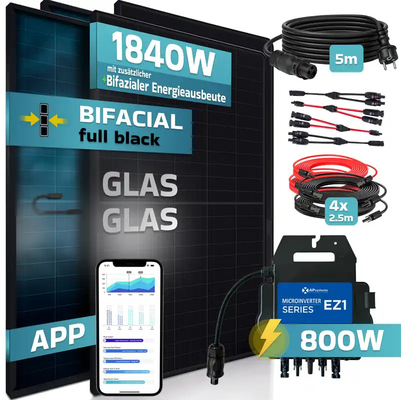 SUNNIVA® 1840W Balkonkraftwerk BIFAZIAL FULLBLACK komplett Steckdose AP Systems EZ1-M 800 Watt Wechselrichter, Solaranlage Komplettset,4x460W Glas-Glas Bifacial Solarmodule, 5m Kabel,4x2,5m Solarkabel Zertifiziert