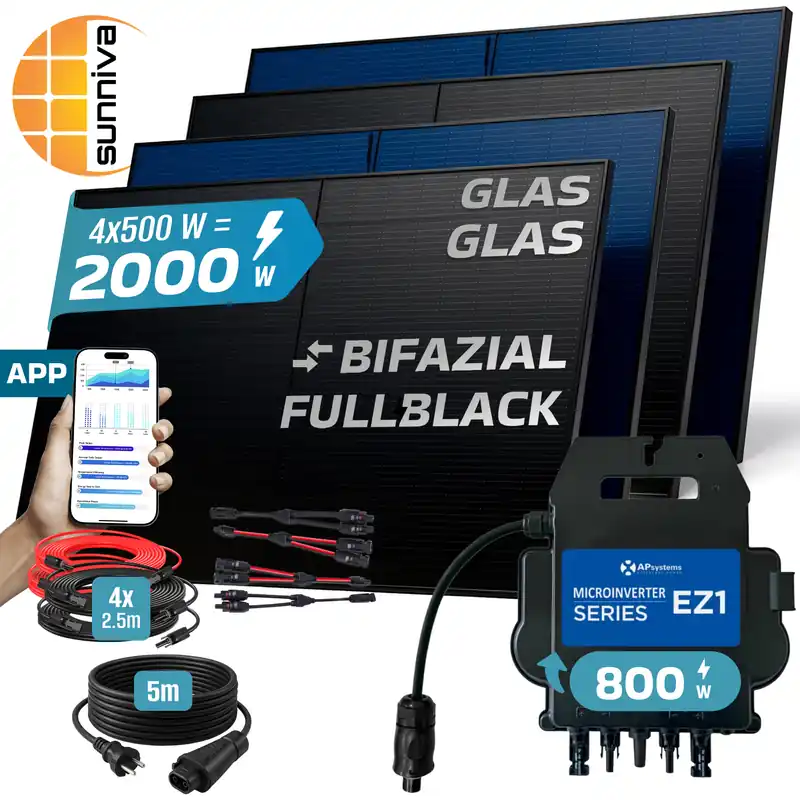 SUNNIVA® 2000W Balkonkraftwerk BIFAZIAL FULLBLACK komplett Steckdose AP Systems EZ1-M 800W Wechselrichter, Solaranlage Komplettset,4x 500W N Glas-Glas Bifacial Solarmodule,5m Kabel,4x 2.5m Solarkabel Jetzt Bestellen