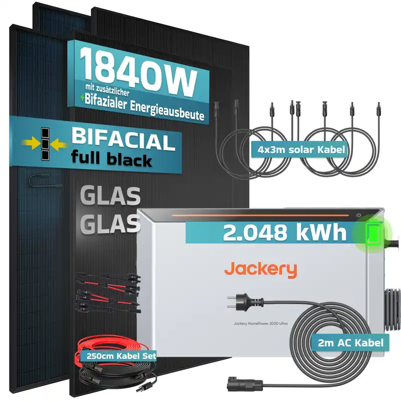 SUNNIVA® 1840W Balkonkraftwerk mit 2,048 kWh Speicher Jackery HomePower 2000 Ultra, BIFAZIAL FULLBLACK komplett Steckdose, PV Solaranlage Komplettset mit Solarspeicher, 4x 460W N-Type Glas-Glas BIFA Direkt Vom Hersteller
