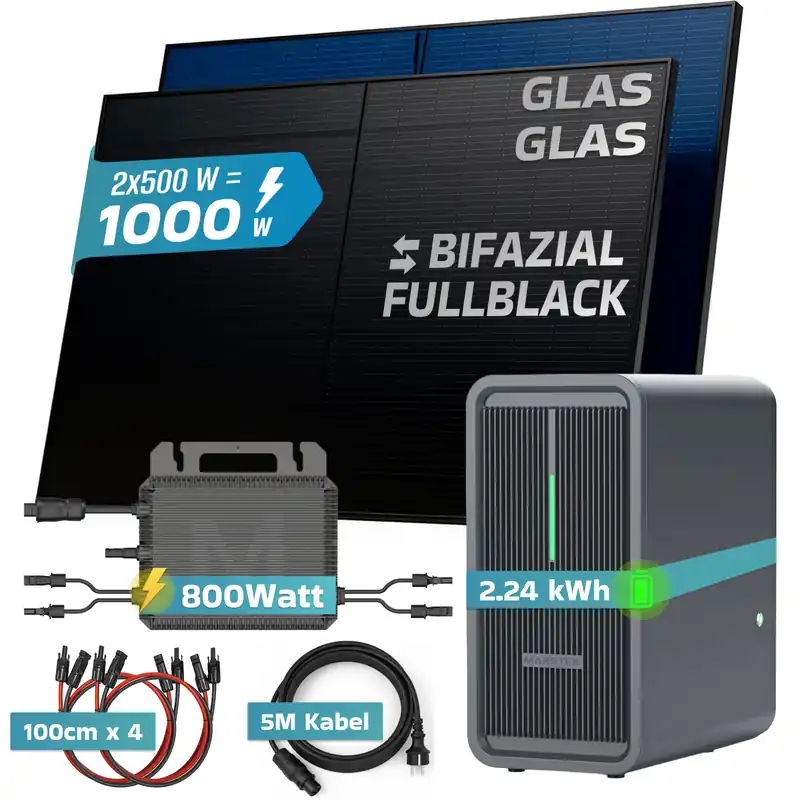 Markenware SUNNIVA® Balkonkraftwerk Black BIFACIAL Glas Set 1000/800W mit MARSTEK Solarspeicher