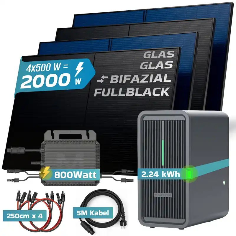 Sonderaktion SUNNIVA® 2000W Balkonkraftwerk mit 2,24 kWh Speicher MARSTEK B2500-D, BIFAZIAL FULLBLACK komplett Steckdose, PV Solaranlage Komplettset mit Solarspeicher, 4x 500W N-Type Glas-Glas Bifacial Module