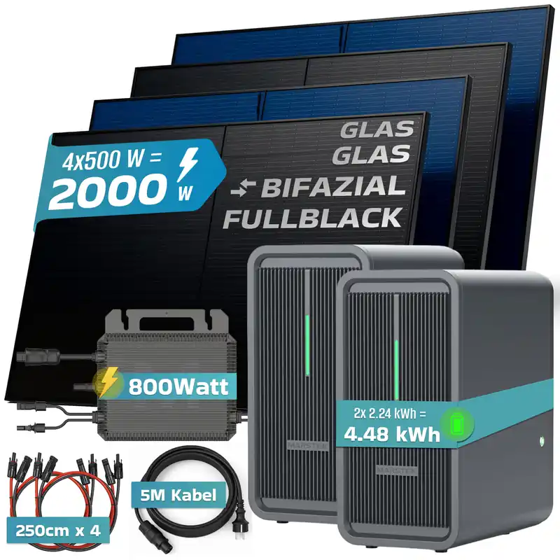 SUNNIVA® 2000W Balkonkraftwerk mit 4.48 kWh Speicher MARSTEK 2x B2500-D, BIFAZIAL FULLBLACK komplett Steckdose, PV Solaranlage Komplettset mit Solarspeicher, 4x 500W N-Type Glas-Glas Bifacial Module Sofort Bestellen