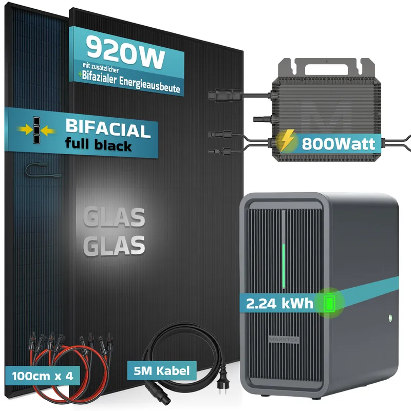Sichere Zahlung SUNNIVA® 920W Balkonkraftwerk mit 2,24 kWh Speicher Marstek B2500-D, BIFAZIAL FULLBLACK komplett Steckdose, PV Solaranlage Komplettset mit Solarspeicher, 2x 460W N-Type Glas-Glas Bifacial Module