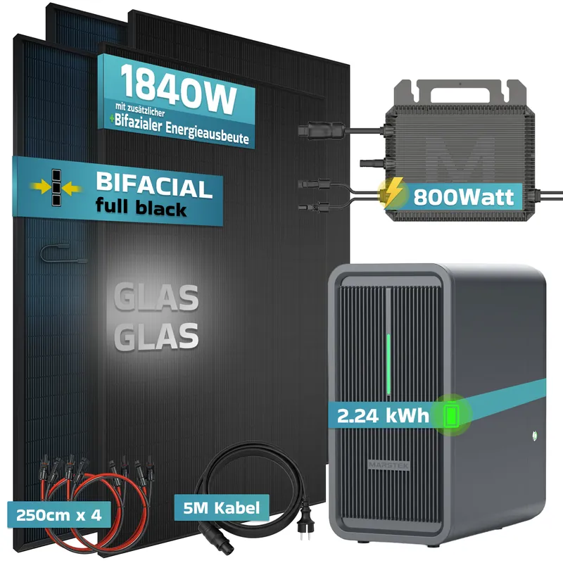 SUNNIVA® 1840W Balkonkraftwerk mit 2,24 kWh Speicher Marstek B2500-D, BIFAZIAL FULLBLACK komplett Steckdose, PV Solaranlage Komplettset mit Solarspeicher, 4x 460W N-Type Glas-Glas Bifacial Module Zertifiziert
