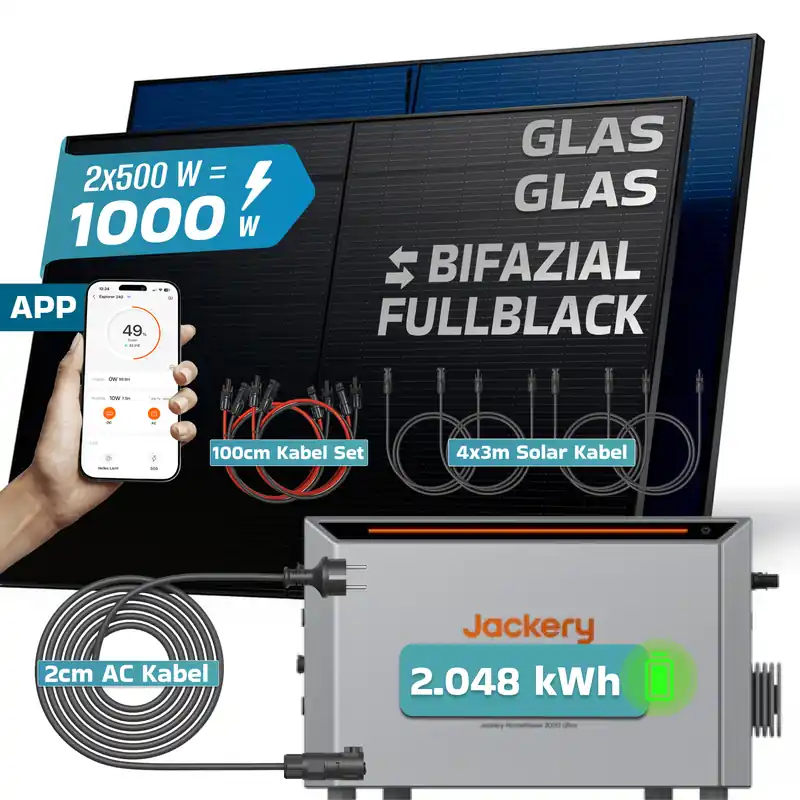 SUNNIVA® 1000W Balkonkraftwerk mit 2,048 kWh Speicher Jackery HomePower 2000 Ultra, BIFAZIAL FULLBLACK komplett Steckdose, PV Solaranlage Komplettset mit Solarspeicher, 2x 500W N-Type Glas-Glas BIFA Kostenloser Rückversand