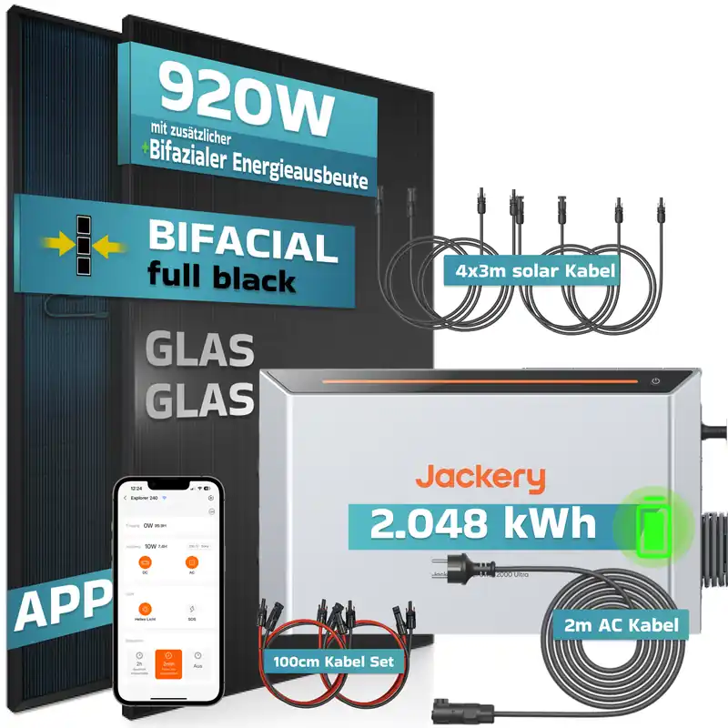 SUNNIVA® Set-Wahl Balkonkraftwerk mit Speicher Jackery HomePower 2000 Ultra, BIFAZIAL FULLBLACK komplett Steckdose, PV Solaranlage Komplettset mit Solarspeicher, N-Type Glas-Glas BIFA Sichere Zahlung