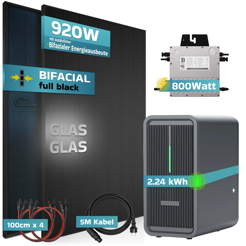 SUNNIVA® 920W Balkonkraftwerk mit 2,24 kWh Speicher MARSTEK B-2500-D, BIFAZIAL FULLBLACK komplett Steckdose, PV Solaranlage Komplettset mit Solarspeicher, 2x 460W N-Type Glas-Glas Bifacial Module Direkt Vom Hersteller