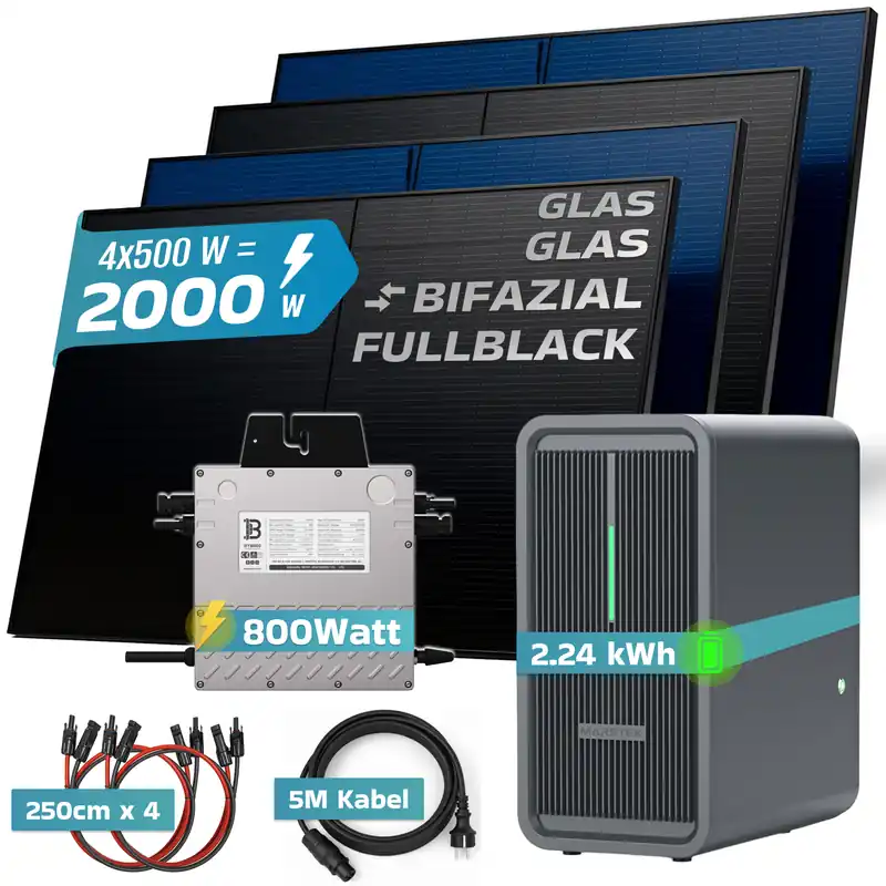 Aktuell SUNNIVA® 2000W Balkonkraftwerk mit 2,24 kWh Speicher MARSTEK B-2500-D, BIFAZIAL FULLBLACK komplett Steckdose, PV Solaranlage Komplettset mit Solarspeicher, 4x 500W N-Type Glas-Glas Bifacial Module
