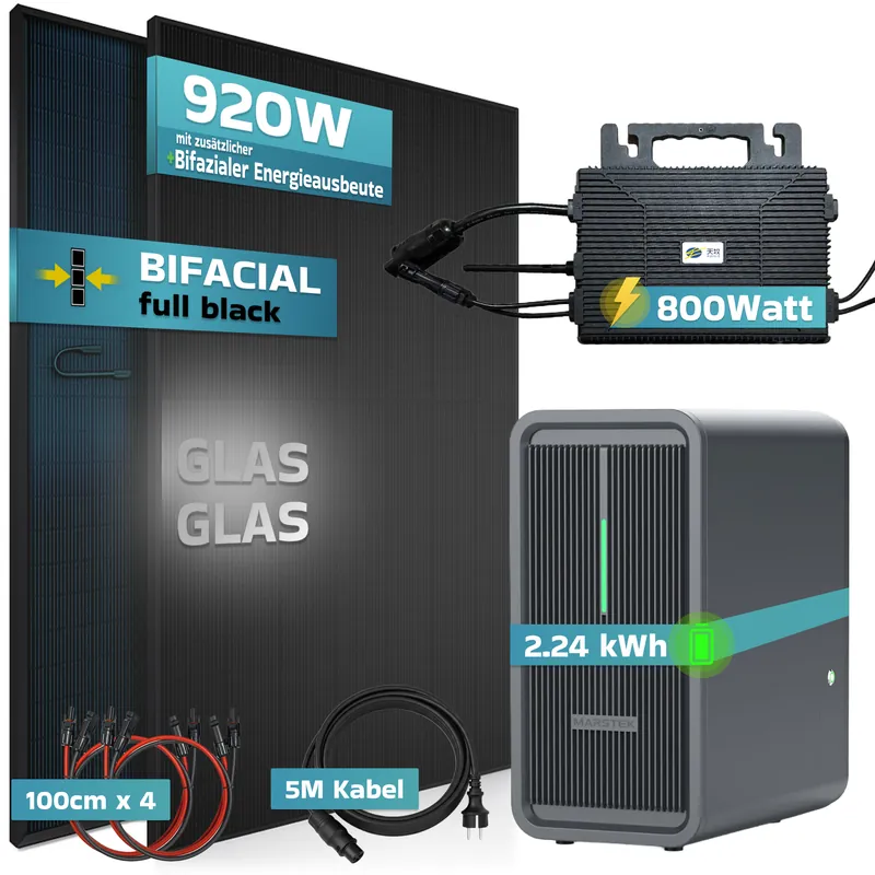 SUNNIVA® 920W Balkonkraftwerk mit 2,24 kWh Speicher MARSTEK B2500-D, BIFAZIAL FULLBLACK komplett Steckdose, PV Solaranlage Komplettset mit Solarspeicher, 2x 460W N-Type Glas-Glas Bifacial Module Saisonangebot