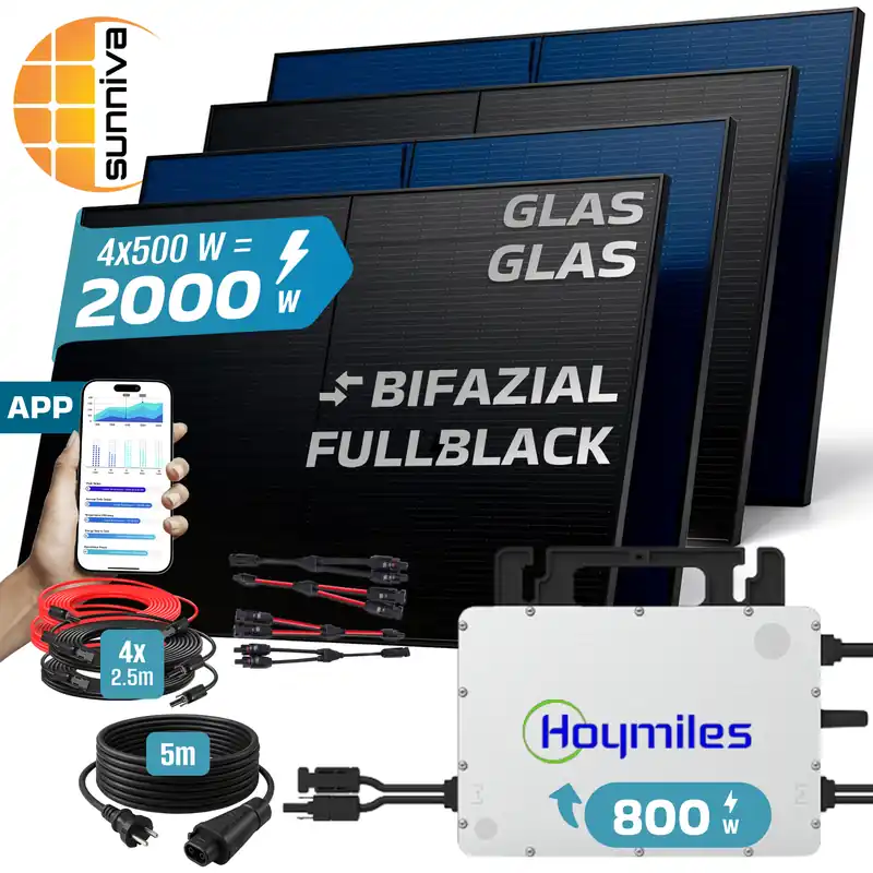 Knallerangebot SUNNIVA® 2000W Balkonkraftwerk BIFAZIAL FULLBLACK komplett Steckdose HOYMILES 800W Wechselrichter, PV Solaranlage, 4x 500W Glas-Glas Solarmodule, inkl. 5m Kabel, Bluetooth WIFI, Komplettset