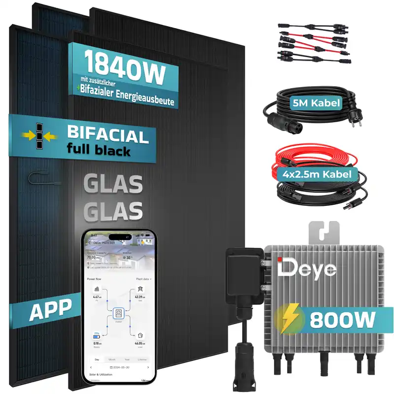 SUNNIVA® 1840W Balkonkraftwerk BIFAZIAL FULLBLACK komplett Steckdose DEYE 800W Wechselrichter, PV Solaranlage, 4x 460W Glas-Glas Solarmodule, inkl. 5m Kabel, Bluetooth WIFI, Komplettset Neue Kollektion