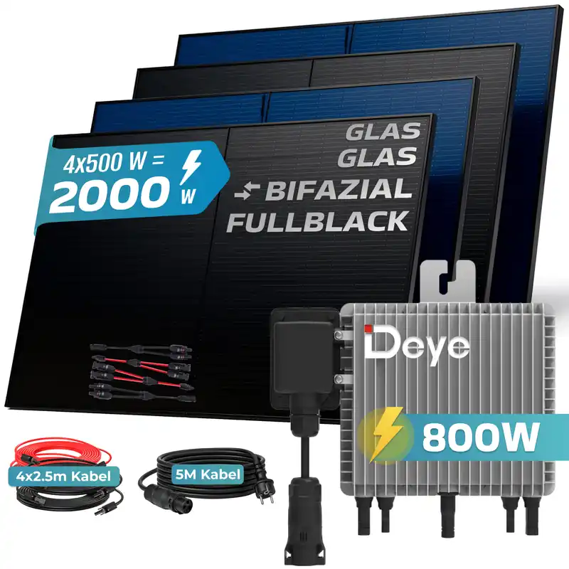 SUNNIVA® Balkonkraftwerk Black BIFACIAL Glas Set 2000/800W mit DEYE Wechselrichter Top-Preis